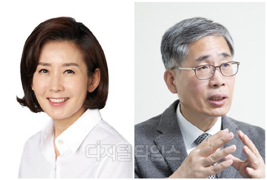 나경원(왼쪽) 저출산고령사회위원회 부위원장과 신평 변호사. <디지털타임스 DB>